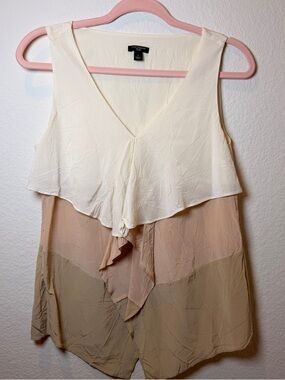 Ann Taylor Silk Colorblock Blouse Cream Blush Taupe Ruffle Layered Tank Size 2